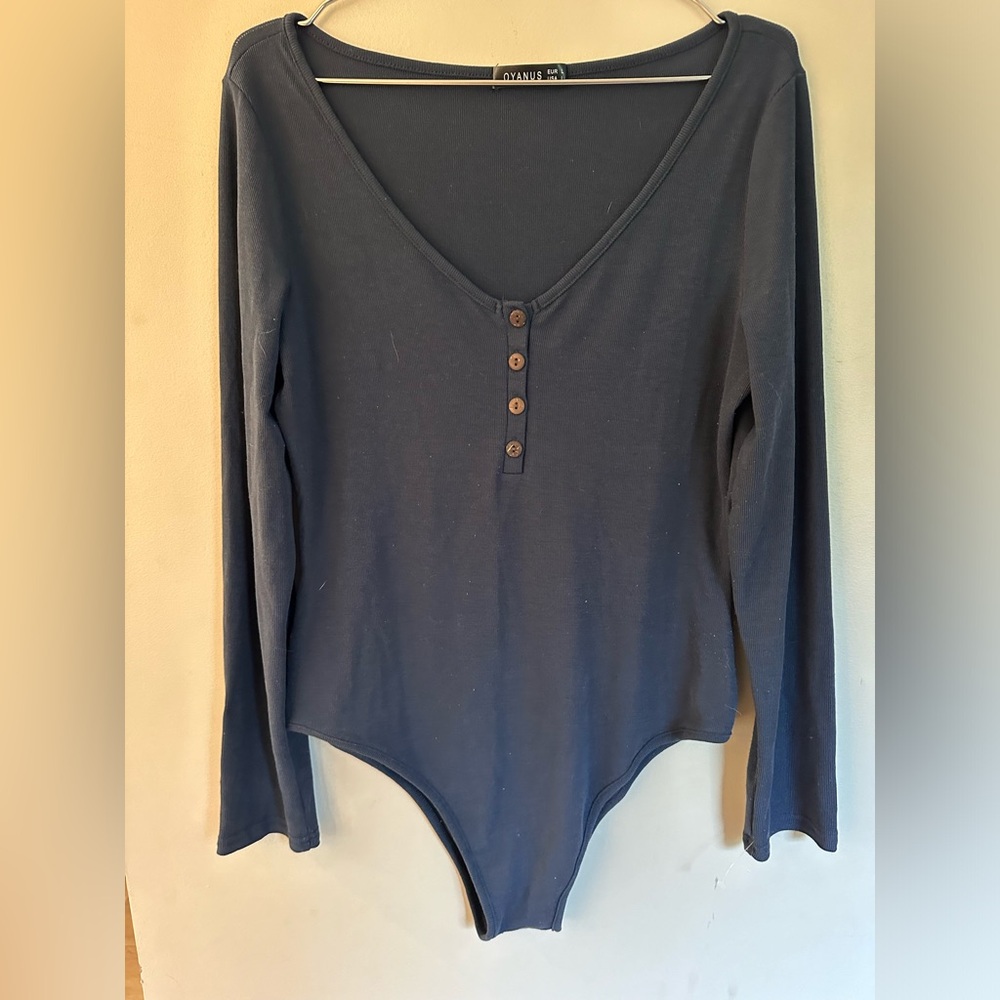 Women's Oyanus Navy Blue Button Long Sleeve Bodysuit Size Large